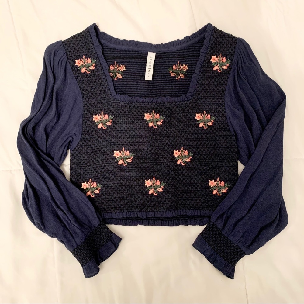 Anthropologie Blue Embroidered Smock Shirt